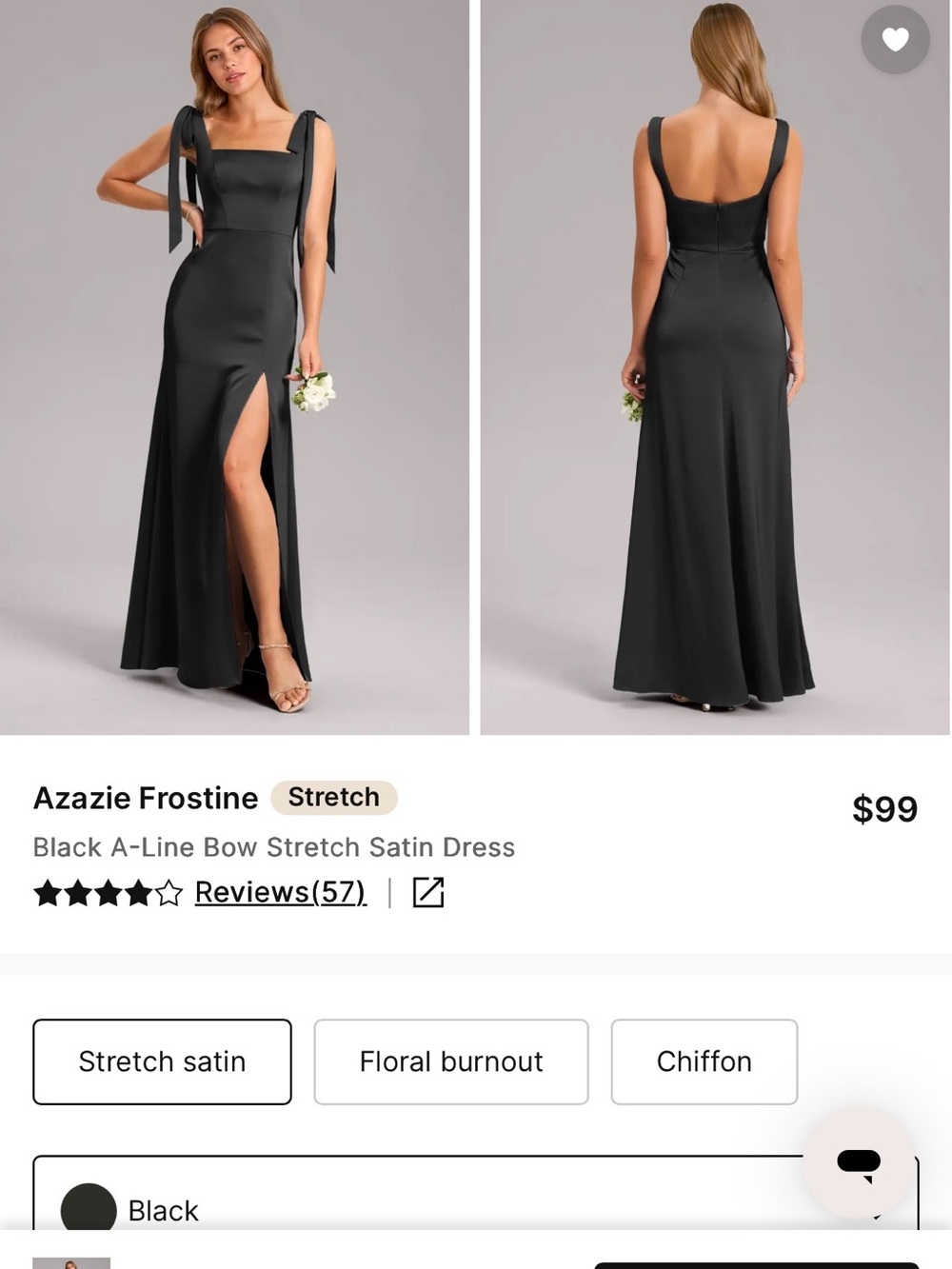 Azazie Black Stretch Satin Square-Neck Maxi with Side Slit